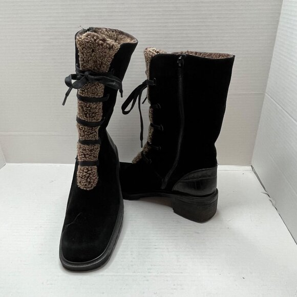 Stuart Weitzman Black Suede Brown Faux Fur Lined Stacked Heel Boot Zip Up 8.5 - Picture 6 of 11